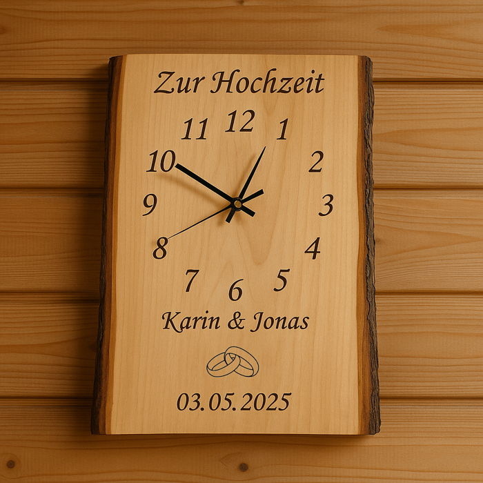 Hochzeitsuhr Lindenholz mit Rinde mit Gravur